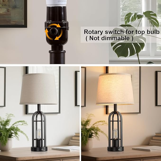 SRJJA 24" Table Lamps for Living Room Set of 2, Farmhouse Industrial 3-Way Dimmable Touch Bedside Lamps with USB A+C for Bedroom Nightstand，4 Bulbs Included