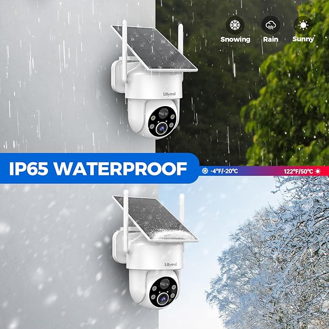 LITYMOL 2K 360° View Security Cameras Wireless Outdoor, Solar Cameras for Home Security, Color/IR Illumination Night Vision, AI Detection, 2-Way Audio, Siren Alarm, SD/Cloud Storage, 2.4g WiFi