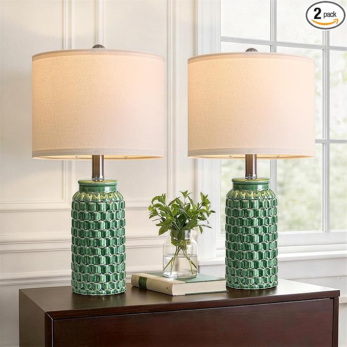 USumkky 20.5" Ceramic Table Lamps Set of 2 - Modern Farmhouse & Boho Style, Bedside Nightstand Lamps for Bedroom, Living Room End Table Lamps, Small Desk Lamp(Green)