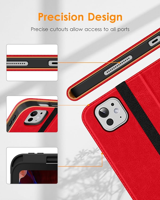DTTO for iPad Pro 11 inch Case (M5/M4) 2025/2024, Premium Leather Business Folio Stand Cover with Pencil Holder - Auto Wake/Sleep and Multiple Viewing Angles, Bright Red