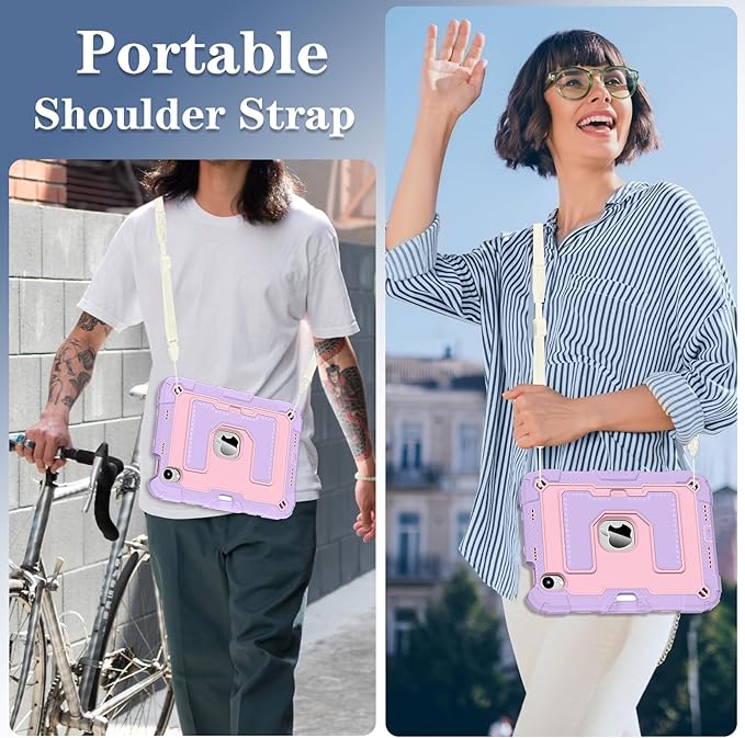 Kids Friendly Case for Apple iPad mini 7 A17 Pro 2024/iPad Mini 6 2021 8.3 Inch 7th/6th Gen Case with Pencil Holder & Shoulder Strap, Shockproof Kickstand Hard Shell Protective Cover,Pink+Purple