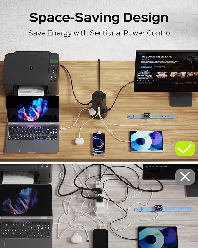 Power Strip Tower Surge Protector, JACKYLED 1625W 13A Outlet Surge Electric Tower, 12 Outlets 6 USB Ports Charging Station with 16AWG 6.5ft Heavy Duty Extension Cord for Home Office Dorm Black