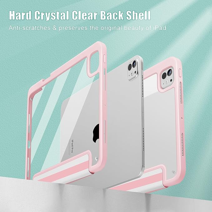 May Chen for iPad Pro 13 Inch Case M5 2025 / M4 2024, Built Pencil Holder & Clear Transparent Print Back Shell Slim Stand Shockproof Tablet Cover, Auto Wake/Sleep, Pink Stripes