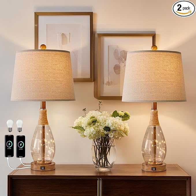 OYEARS Bedside Table Lamps Set of 2 with USB, Farmhouse Bedside Lamps Retro Farmhouse Rattan Glass Nightstand Nightlight Lamps for Bedroom Living Room Dorm,Two Light Points