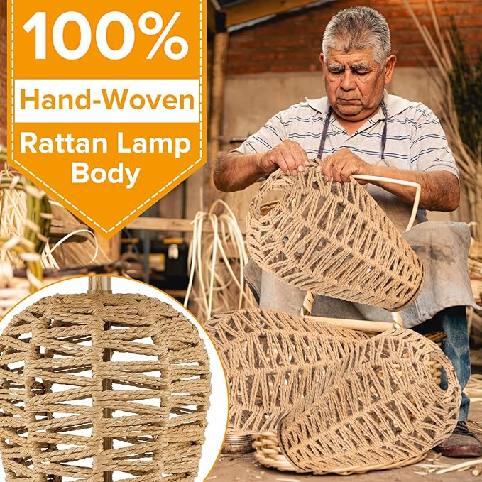 Boho Table Lamp,Touch Control & 3 Way Dimmable,100% Hand Woven Rattan Coastal Farmhouse Bedside Nightstand Lamp for Bedroom, Living Room, Office (2700K Bulb Included)