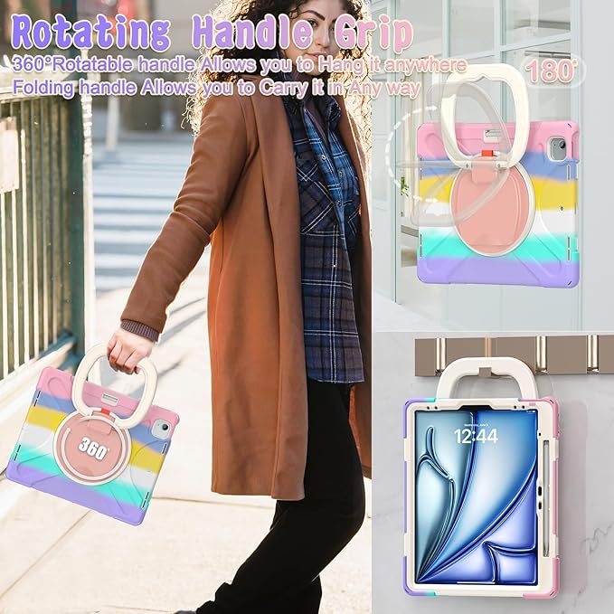 SCSVPN Kids Case for iPad Air 13 inch M4/M3/M2 2026 2025 2024 & iPad Pro 12.9'' 6th/5th/4th/3rd Gen 2022 2021 2020 2018, Protective Cover with Pencil Holder-Stand-Handle-Shoulder Strap, Colorful Pink