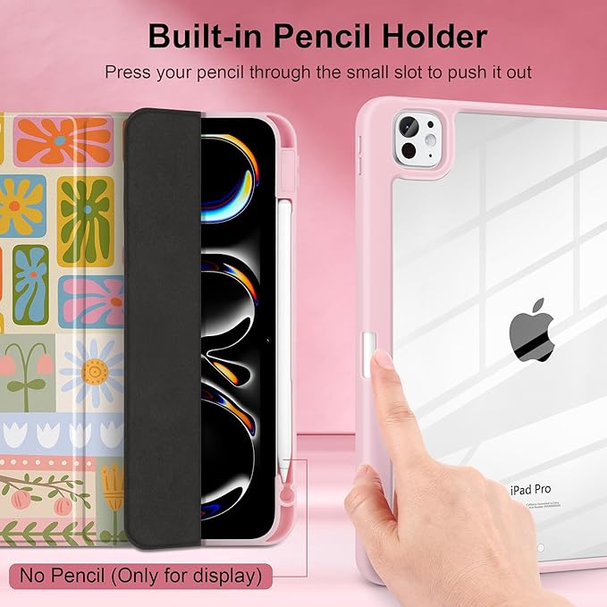 Case for iPad Pro 13 inch (M5) 2025 (M4) 2024 Release Slim Lightweight Cute Light Pink Cover with Clear Back TPU Edge Pencil Holder Trifold Stand, Flower Patchwork