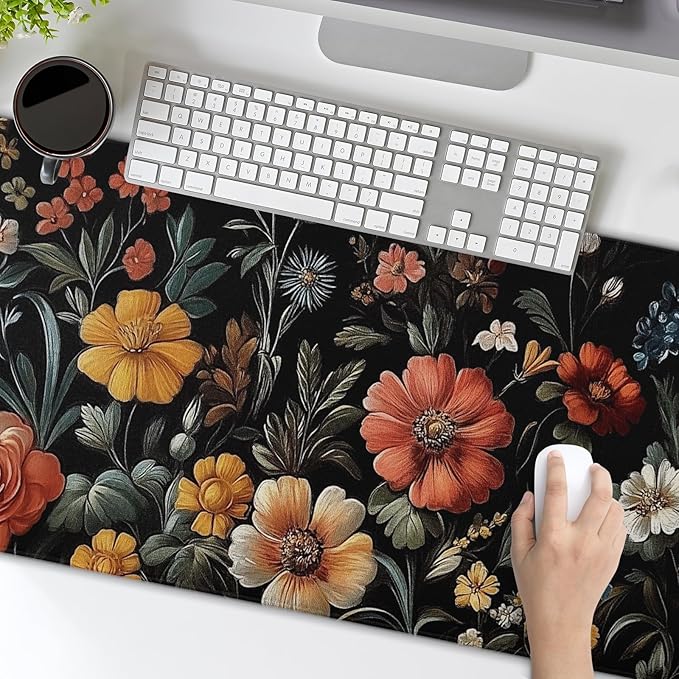Large Floral Mouse Pad Extended Gaming Mousepad 31.5"x11.8" Vintage Aesthetic Black Desk Mat Flower Mouse Pad Plant Wildflower Mousepad XXL Laptop Computer Keyboard Mats for Desk Office