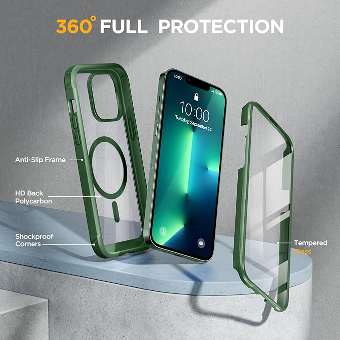 Miracase for iPhone 13 Pro Case 6.1",Full-Body Protection,Clear Bumper Case with Built-in 9H Tempered Glass Screen Protector,Military-Grade Drop Protection Outdoor Phone Case for iPhone 13 Pro,Green