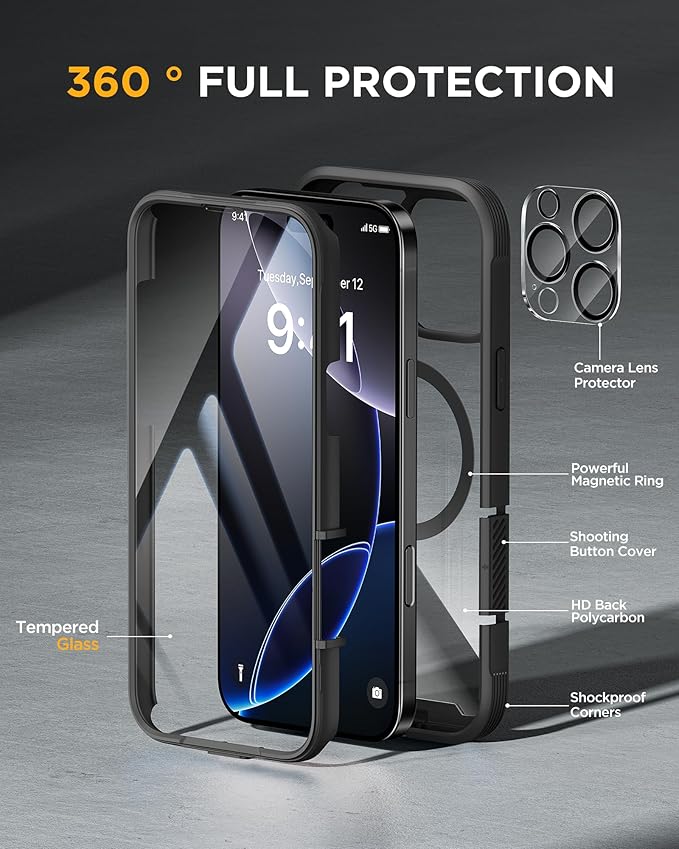 Miracase Magnetic for iPhone 16 Pro Max Case 6.9'' [Compatible with MagSafe] Full-Body Phone case with Built-in Glass Screen Protector& Camera Protector,Drop Proof 16 Pro Max Cover,Black