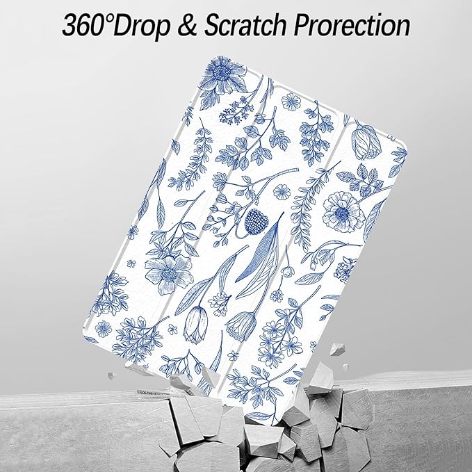 Case for iPad 9th / 8th / 7th Generation (2021/2020/2019) 10.2 inch, Case with Pencil Holder, Stand Clear Back Cover Cute Cool Design for Women Girls, Auto Sleep/Wake, Blue Flower