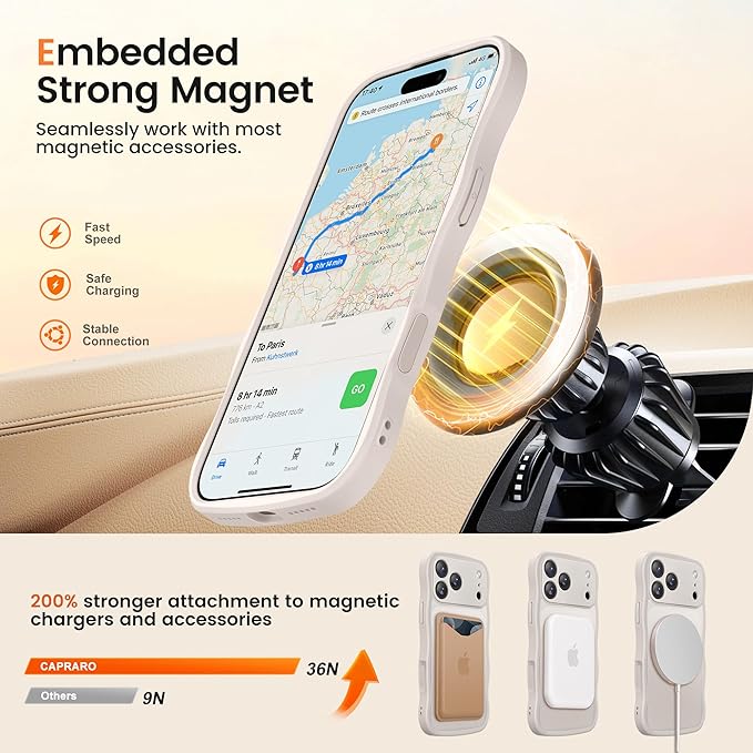 CAPRARO for iPhone 17 Pro Case with 360° Spin Magnetic Stand for Women, [Compatible with MagSafe] [Full Camera Protection] Cute Wave Translucent Matte Case for iPhone 17 Pro, Stone