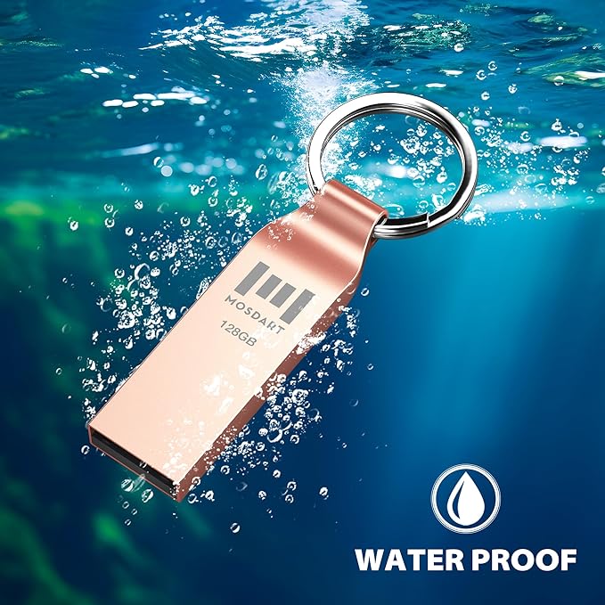 MOSDART Waterproof 128GB USB2.0 Flash Drive, exFAT Metal Memory Stick with Keychain, for System Back, Data Storage, Rose Gold(Pack of 2)