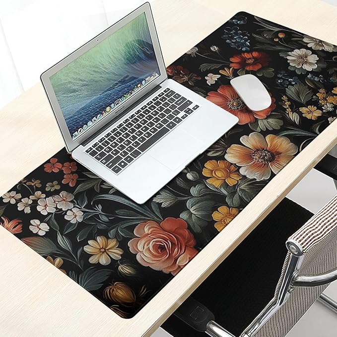 Large Floral Mouse Pad Extended Gaming Mousepad 31.5"x11.8" Vintage Aesthetic Black Desk Mat Flower Mouse Pad Plant Wildflower Mousepad XXL Laptop Computer Keyboard Mats for Desk Office