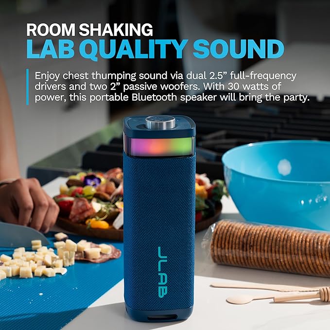 JLab, JBuds Party, Portable Bluetooth Speaker, Waterproof, Multi-Speaker Connection, RGB Lighting, Navy