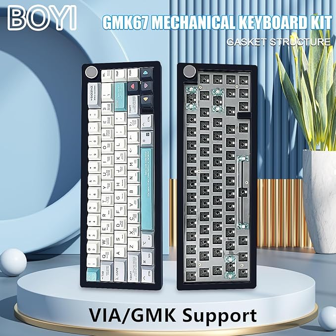 BOYI GMK67Pro Keyboard Barebones Kit,QMK/VIA Programmable BT5.0/2.4G/Type-C Tri-Mode Wireless RGB Gasket Mounted 65% Mini Custom RGB Mechanical Keyboard with Knob DIY Kit(Black)