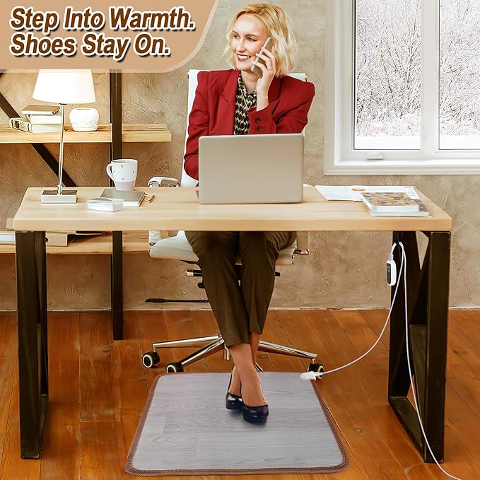 Heated Floor Mat - Foot Warmer Under Desk, 19.7x21.7in Heated Feet Rest for Home Office Desk, Winter 110V Electric Heating Pad with 3 Timers & 10 Adjustable Temperature
