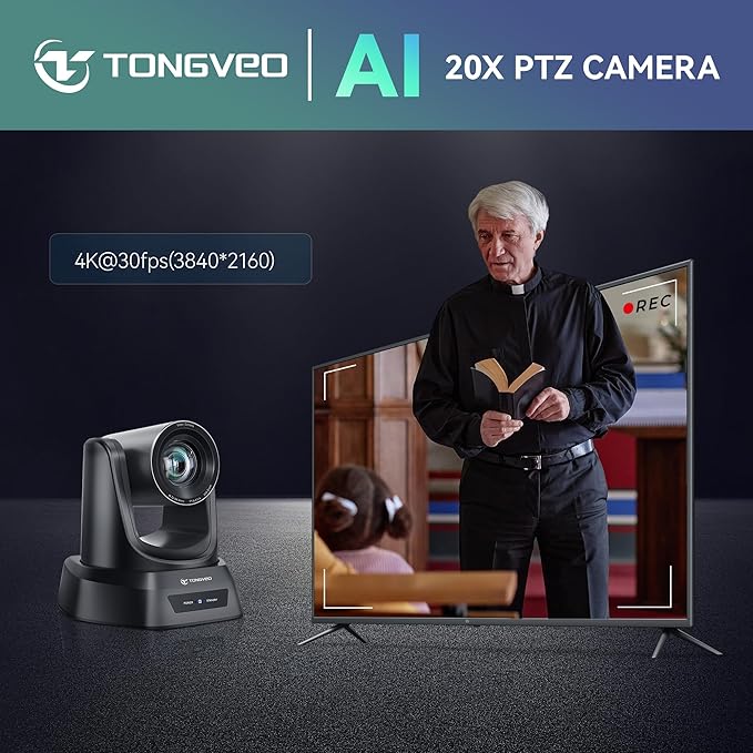TONGVEO Conference Room PTZ Camera System with 20X Optical Zoom, AI Auto Tracking 1080P 60fps HDMI USB Webcam for Church Streaming Online Video Conference,Compatible with Zoom, OBS Easy Setup