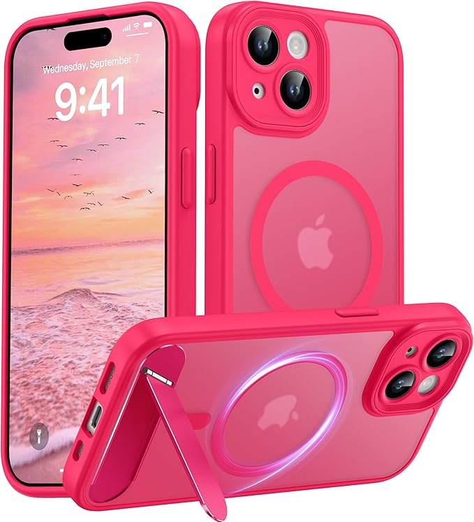 Magnetic Compatible with iPhone 15 Case, [Built-in Invisible Kickstand][Compatible with MagSafe][Full Camera Protection] Translucent Matte Phone Case for iPhone 15 6.1" Hot Pink
