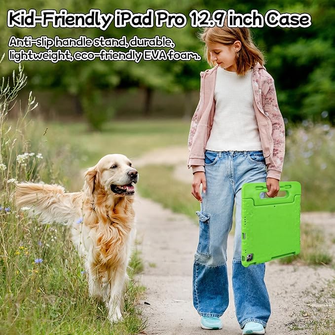 New Kids Case for iPad Pro 12.9 Case Super Protection iPad Pro 12.9 inch 6th 5th 4th 3rd Cover with Pencil Holder and Handle Stand for iPad Pro 12.9 2022 2021 2020 2018 Green