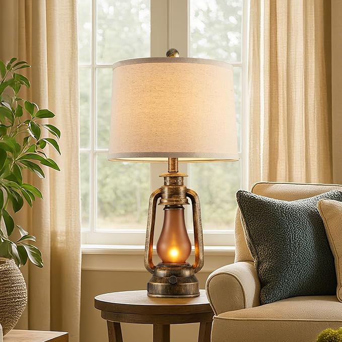 25" Set of 2 Rustic Lantern Table Lamps for Living Room Bedroom, 2 USB Ports Farmhouse Vintage Bedside Desk Lamp Nightlight for Entryway Office End Table, 4 Bulbs Included