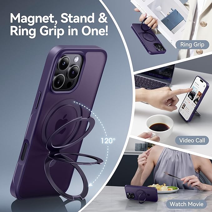CASEKOO Ultra-Magnetic Stand for iPhone 16 Pro Max Case [Military Drop Protection] [Compatible with MagSafe] Shockproof Translucent Matte Slim Ring Holder Case for iPhone 16 ProMax 6.9", Purple