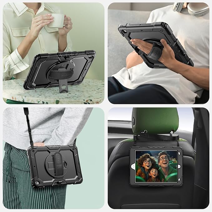 SEYMAC for iPad 9th/8th/7th Generation Case 10.2" 2021-2019, Full-Body Shockproof Heavy Duty Protective Case with Screen Protector, 360° Rotating Stand/Handle/Shoulder Strap for iPad 10.2, Black