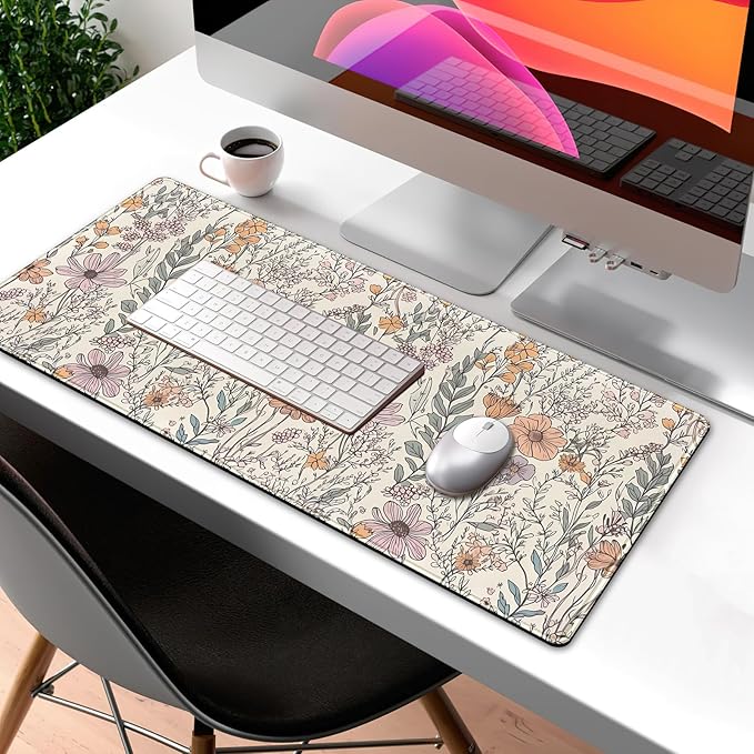 Floral Desk Mat Cute Wildflowers Large Mouse Pad Extended Plant Gaming Mousepad XL Keyboard Mouse Mat Nature Botanical Aesthetic Desk Pad 31.5"x11.8" for Work Office Decor Gifts