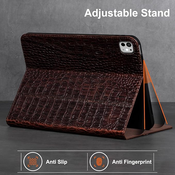 Gexmil Genuine Leather Case for iPad Pro 11 Inch (M5/M4) 2025/2024 with Pencil Holder,Protective Shockproof Leather Smart Folio Cover Adjustable Stand Auto Sleep/Wake Anti-Slip,Brown Crocodile