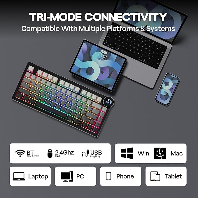 MechLands AJAZZ AK820V2 75% Wireless Gaming Keyboard with 0.9” TFT Display Screen & Knob, Gasket Mechanical Creamy Keyboard with 10000mAh Battery, Hot Swappable, RGB for Win/Mac (Gradient Black)