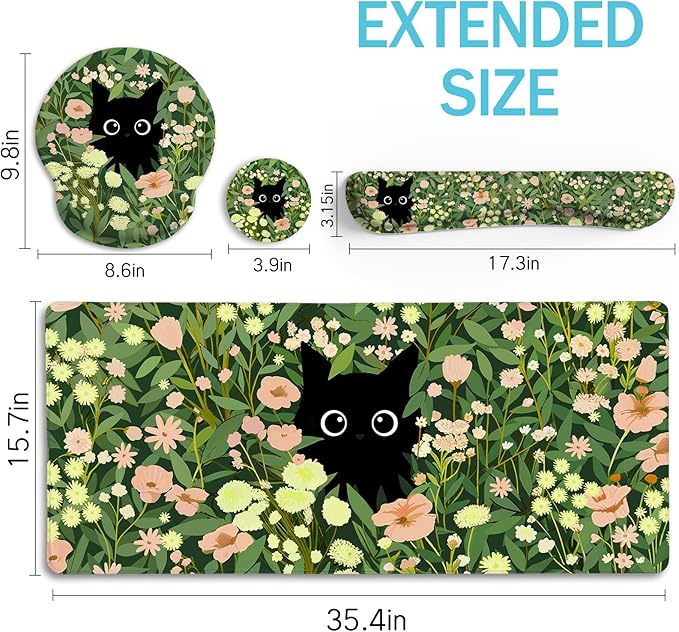 Blusabaca Black Cat Mouse Pad Desk Mat, Large Gaming Mouse Pad with Wrist Rest, Keyboard Pad Wrist Rest, Cup Coaster, Work Home Desk Accessories