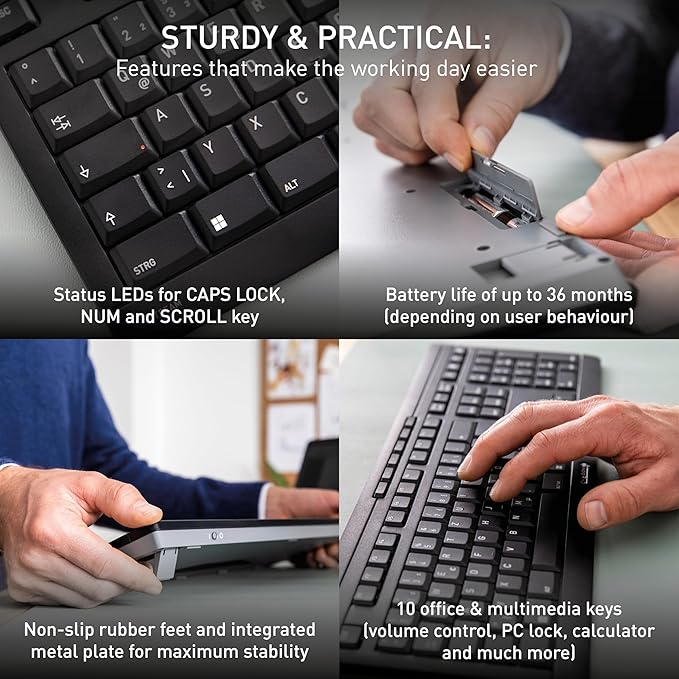 Cherry Stream Desktop Comfort, Wireless Keyboard and Mouse Combo, 2.4 GHz Connection, Whisper-Quiet Keys, Ergonomic Right-Handed Mouse, Battery-Powered, Black