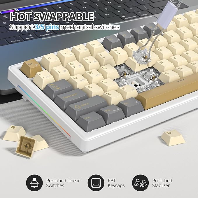 75% Retro Mechanical Keyboard Gasket with Knob, Custom Wired Creamy Gaming Keyboard TKL 75 Percent Hot Swappable RGB Backlit, Pre-lubed Switch for Win/MAC PC Laptop（Shimmer/White Switch）