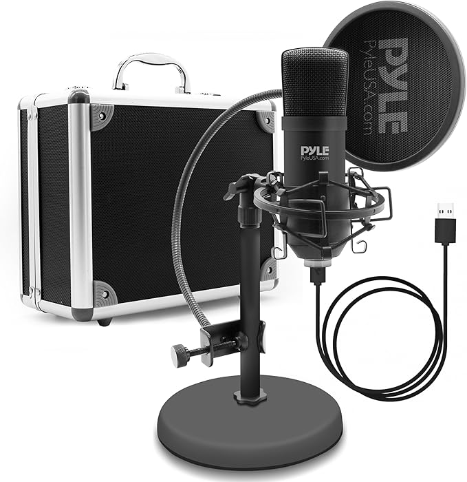 USB Microphone Podcast Recording Kit - Audio Cardioid Condenser Mic w/Desktop Stand and Pop Filter - for Gaming PS4, Streaming, Podcasting, Studio, YouTube, Works w/Windows Mac PC - Pyle PDMIKT120