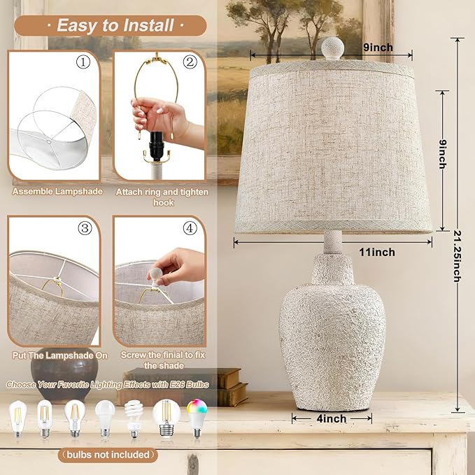 Table Lamps for Bedroom Set of 2 Farmhouse Table Lamps for Living Room 21" Rustic Cottage Jar-Shaped Bedside Lamp for Nightstand with Natural Beige Finish,Bulbs Not Included