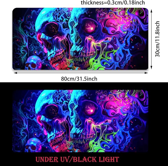 Simpkeely Horror Skull Mouse Pad, Large Waterproof Blacklight Colorful Skeleton Neon Gaming Non-Slip Rubber Base Mousemat, Glow in The Dark Abstract Desk Mat for Office Home - 31.5 x 11.8 inches