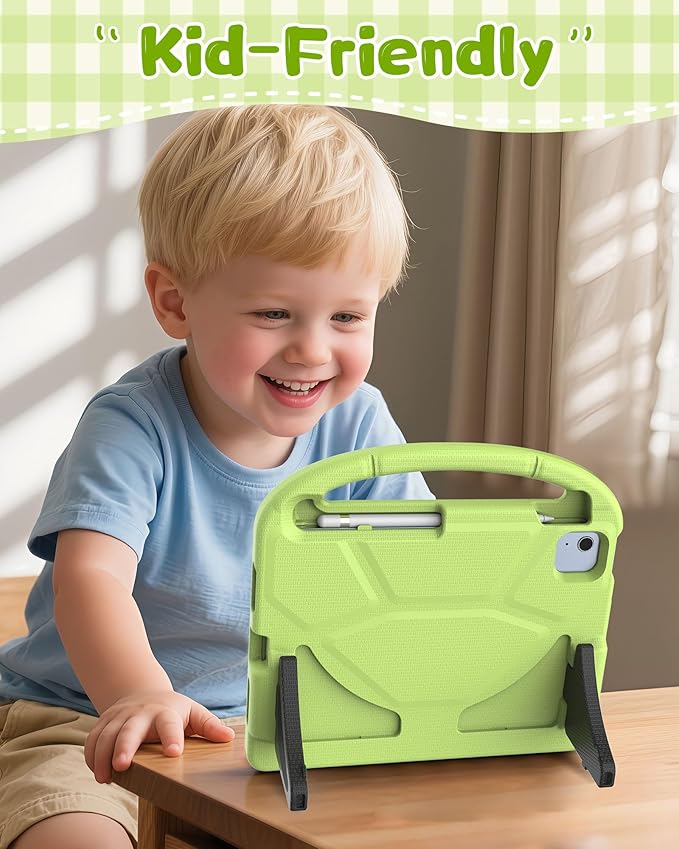 Kids Case for iPad A16 11th Gen 11-Inch 2025 & iPad 10th Generation (10.9" 2022), Durable Shockproof Fully-Body Cover with Screen Protector/Pencil Holder/Stand/Handle for Kids, Light Green
