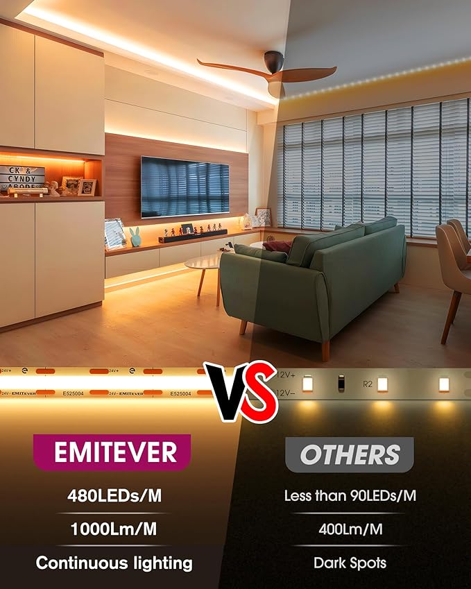 EMITEVER COB LED Strip Lights Warm White, 24V 2700K Tape Light Premium High Density, 300+Lumens/ft, 2400LEDs/Spool, Ra 90+, 16.4ft, 3W/ft, UL Listed 5 Year Warranty (Power Supply Sold Separately)