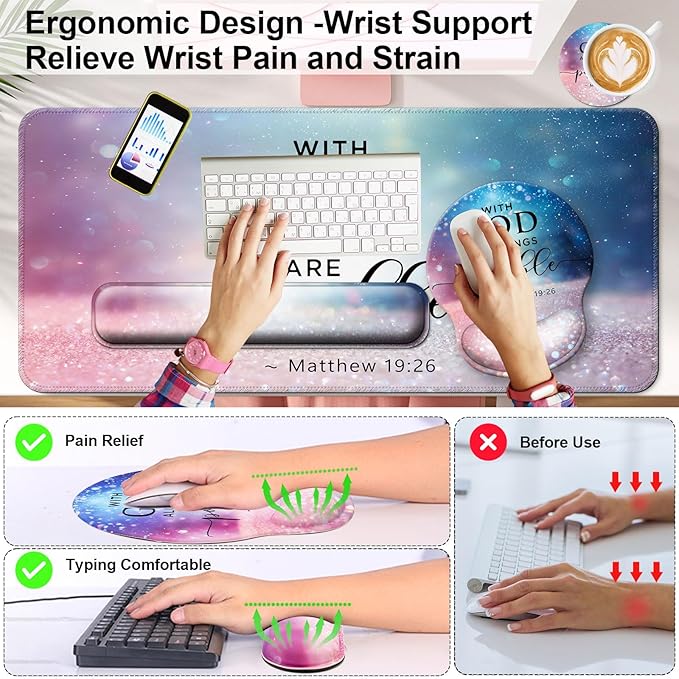 Mouse Pad + Desk Mat + Keyboard Wrist Rest + Coaster 4 in 1 Set, Cute Ergonomic Large Gaming Mousepad with Wrist Rest Support Desk Pad for Computer Laptop Office Home Decor-Glitter Night Sky