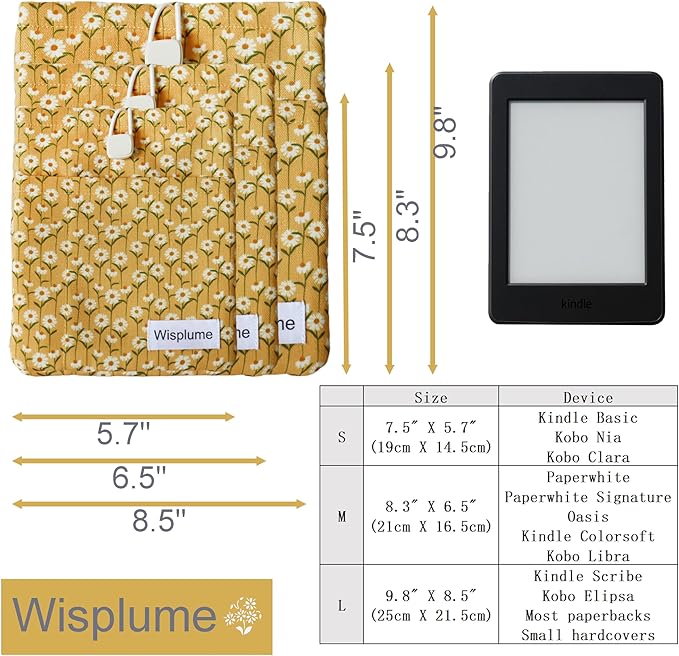 Padded eReader Sleeve Tablet Bag Pouch for Paperwhite, Colorsoft,Signature Edition, Voyage,Scribe/Kobo eReader,Floral Book Protector for Paperbacks and Small Hardcovers (Yellow, Small)