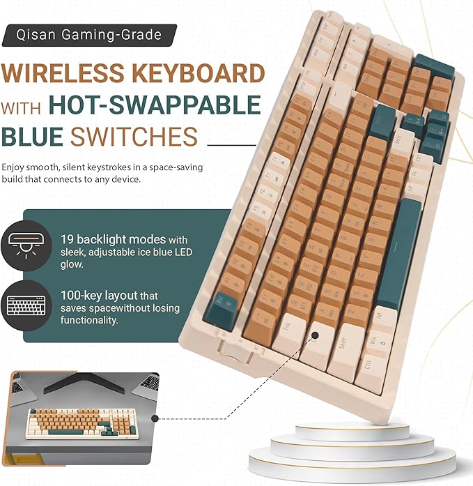 Qisan Wireless/Wired Mechanical Gaming Keyboard,Triple Mode 2.4G/USB-C/BT (98%) Wireless Mechanical Keyboard with US Layout | Red Switch Rechargeable RGB Backlit Keyboards for Gaming, Brown Combo