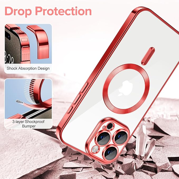 Hython Magnetic Clear for iPhone 15 Pro Case with Camera Lens Protector [Compatible with MagSafe] Luxury Plating Edge Slim Soft TPU Cover Protective Phone Case for iPhone 15 Pro 6.1", Red