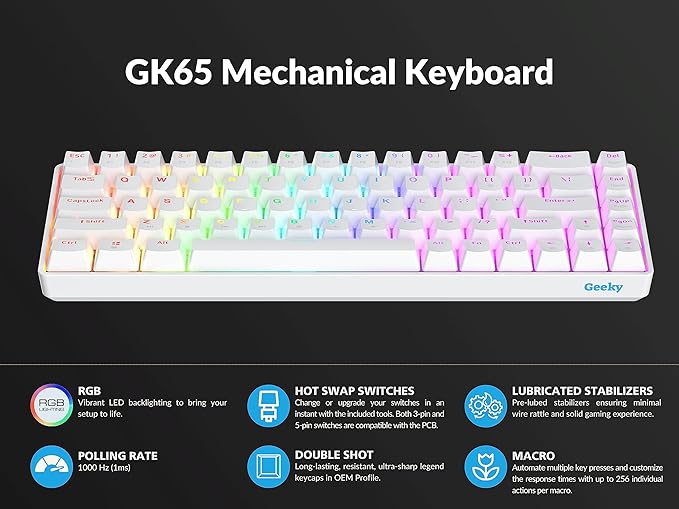 Geeky GK65 65% | Hot Swappable Mechanical Gaming Keyboard | 68 Keys Multi Color RGB LED Backlit for PC/Mac Gamer | ANSI US American Layout (White, Mechanical Speed Silver)