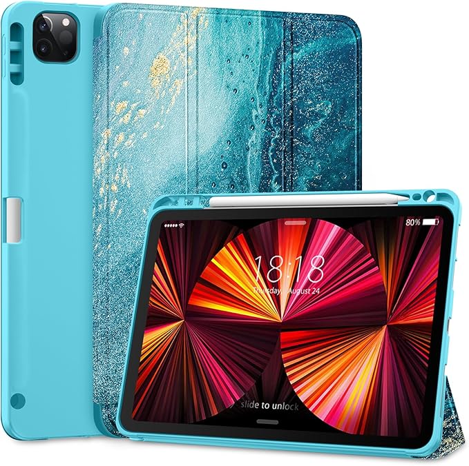 DTTO for iPad Pro 11 inch 4th/3rd/2nd/1st Generation 2022/2021/2020/2018 Case, Smart Slim Trifold Stand Soft TPU Back Cover with Built-in Pencil Holder, Also Fit iPad Air 5/4,Sandy Wave