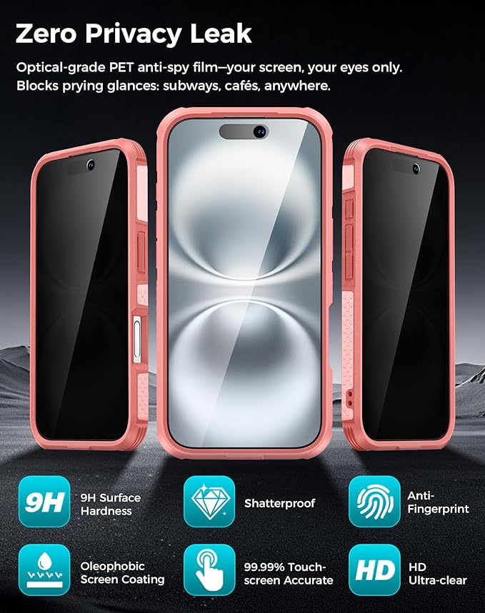 Goton for iPhone 16 Case with Privacy Tempered Glass Screen Protector & Camera Lens Protector, Compatible with MagSafe, Invisible Kickstand, Shockproof Phone Cover for iPhone16, Pink