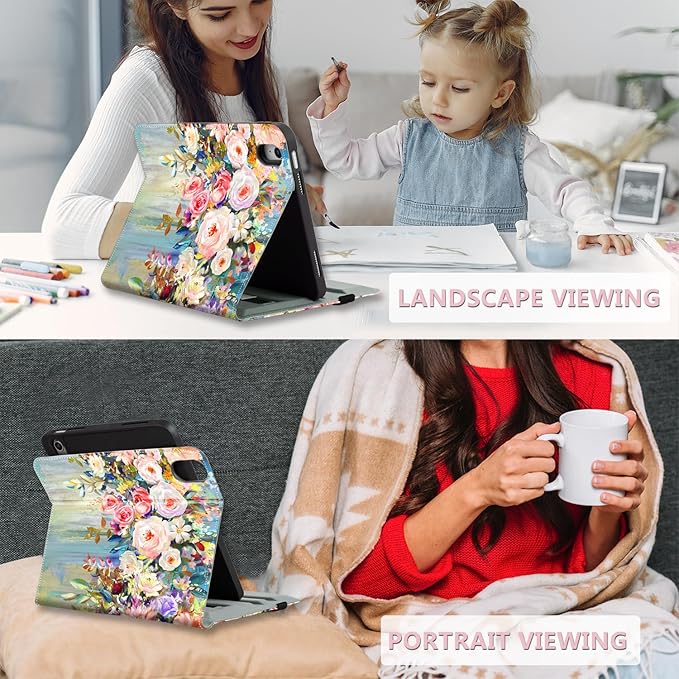 for iPad (A16) 11Th/10Th Generation Case 2025/2022, for iPad Case 11th/10Th Generation 360 Degree Rotating 4 Viewing Angles Pencil Holder/Hand Strap/Pocket Auto Wake/Sleep, Floral Flower