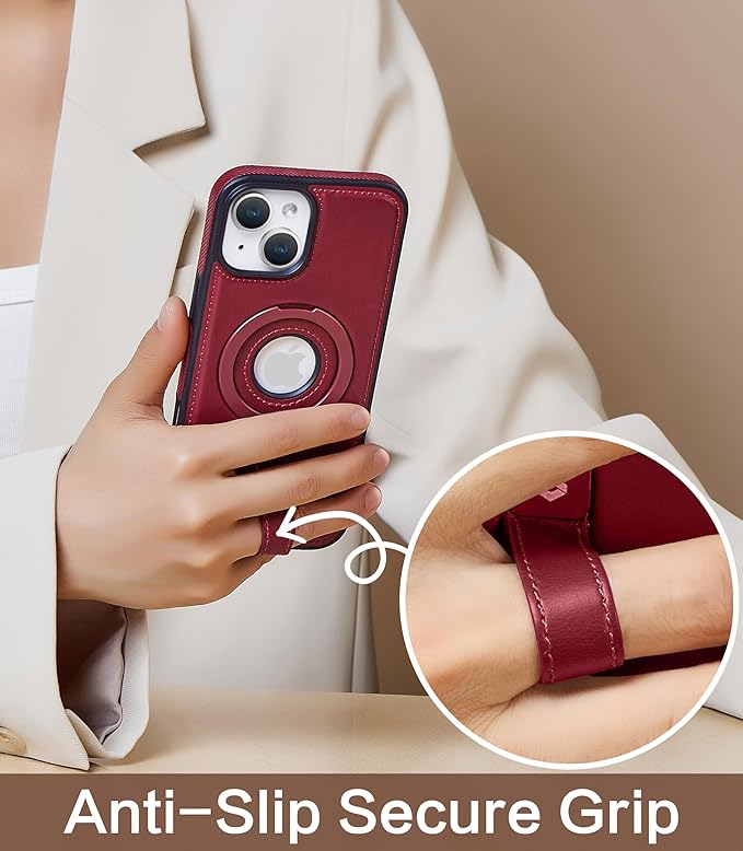 Butaiga for iPhone 15 Plus/iPhone 14 Plus Leather Case with Stand, Anti-Slip Grip Ring, Fits for MagSafe (Burgundy, iPhone 15/14 Plus)