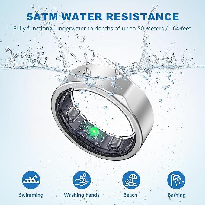 Smart Ring for Women Men, Titanium Fitness Ring with Heart Rate, Stress & Sleep Monitoring,Step & Calorie Counter, 5ATM Waterproof for iPhone and Android,No Subscription Fee (Silver 13)