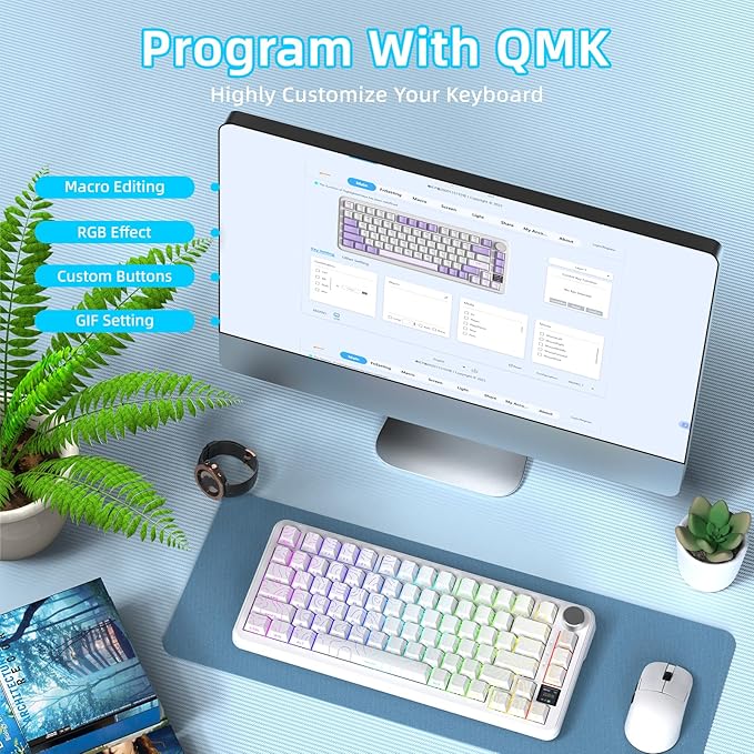 ATTACK SHARK X85PRO 75% Wireless Mechanical Keyboard,TFT Smart Display & Knob,BT/2.4GHz/Wired Gaming Keyboard,Contour Side Print Shine-through Keycaps,RGB,Hot-Swap,with Pro Cable, for PC/MAC (White)