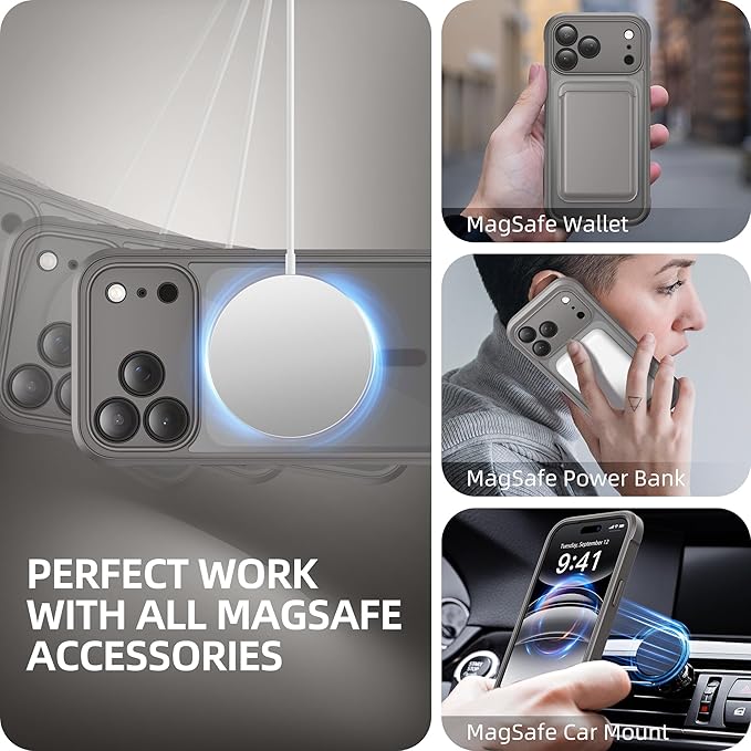 BERFY for iPhone 17 Pro Max Case, Compatible with MagSafe, Built-in Glass Screen Protector, Camera Protection, Shockproof Full Body Phone case 6.9", Clear Grey